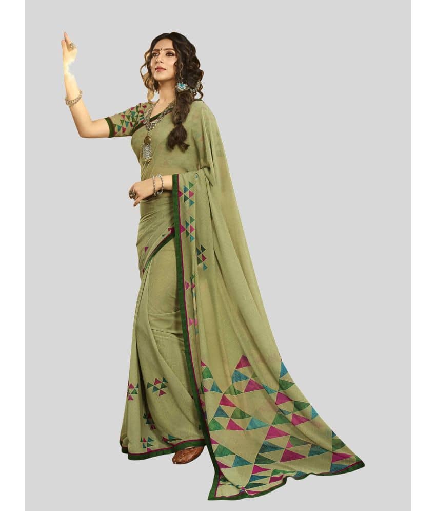 Gazal Fashions Chiffon Printed Saree With Unstitched Blouse Piece ( Green ) - Sarees | Buy online on ZillyBuy