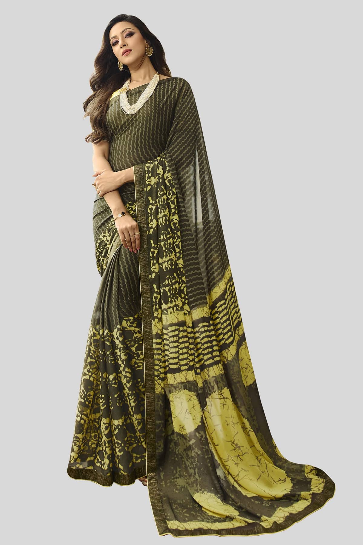 Gazal Fashions Chiffon Printed Saree With Unstitched Blouse Piece ( Green,Yellow ) - Sarees | Buy online on ZillyBuy