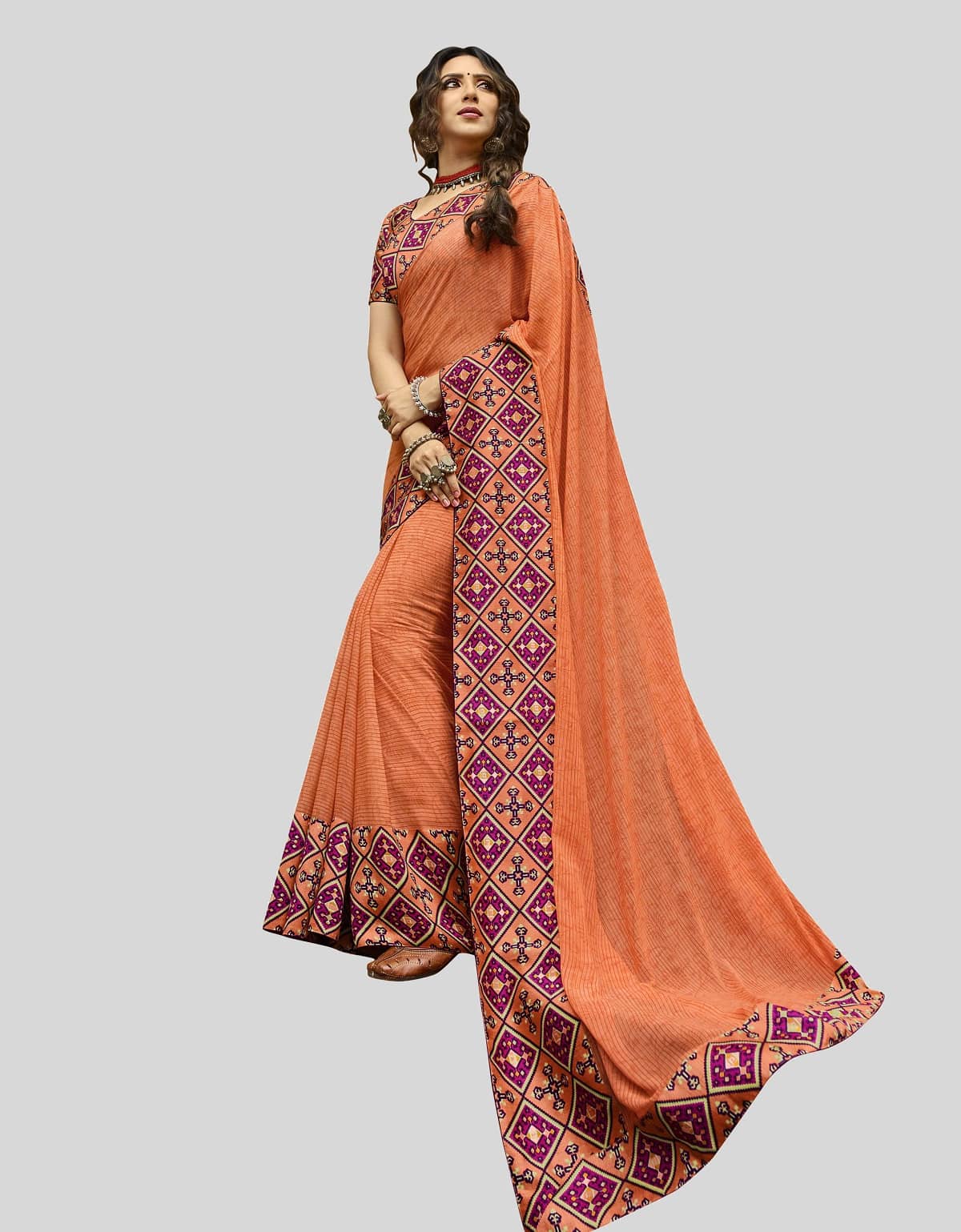 Gazal Fashions Chiffon Printed Saree With Unstitched Blouse Piece ( Orange ) - Sarees | Buy online on ZillyBuy