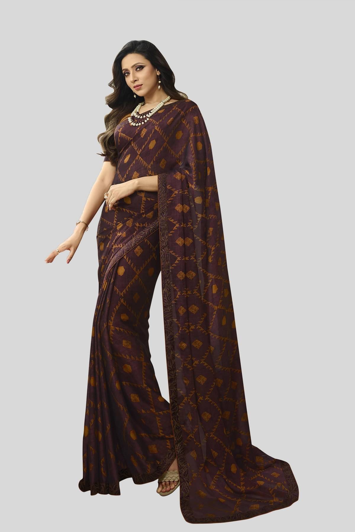 Gazal Fashions Chiffon Printed Saree With Unstitched Blouse Piece ( Brown )     			Gazal Fashions Chiffon Printed Saree With Unstitched Blouse Piece ( Brown )