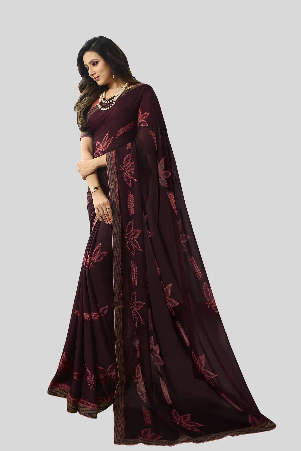 Gazal Fashions Chiffon Embroidered Saree With Unstitched Blouse Piece ( Brown ) - Sarees | Buy online on ZillyBuy