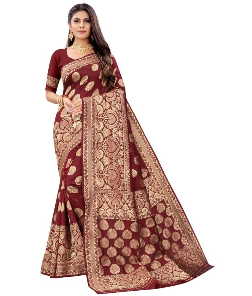 NENCY FASHION Banarasi Silk Self Design Saree With Unstitched Blouse Piece ( Maroon ) - Sarees | Buy online on ZillyBuy