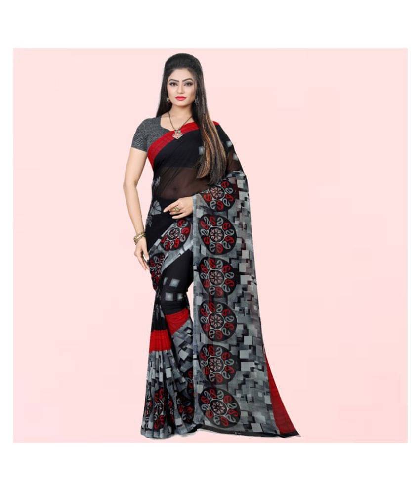 ANAND SAREES Georgette Printed Saree With Unstitched Blouse Piece ( Black ) ANAND SAREES Georgette Printed Saree With Unstitched Blouse Piece ( Black )
