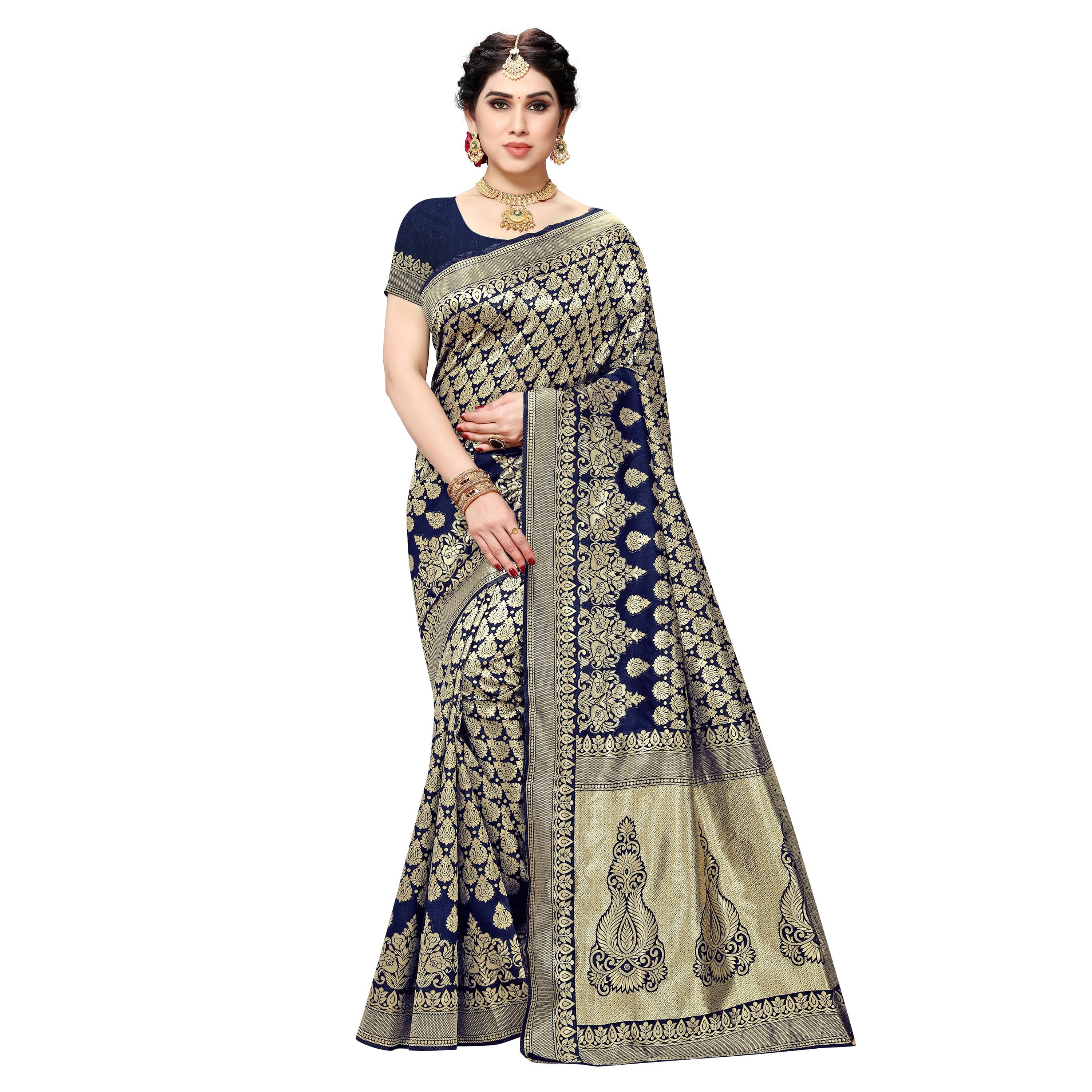     			Sidhidata Jacquard Self Design Saree With Unstitched Blouse Piece ( Blue )