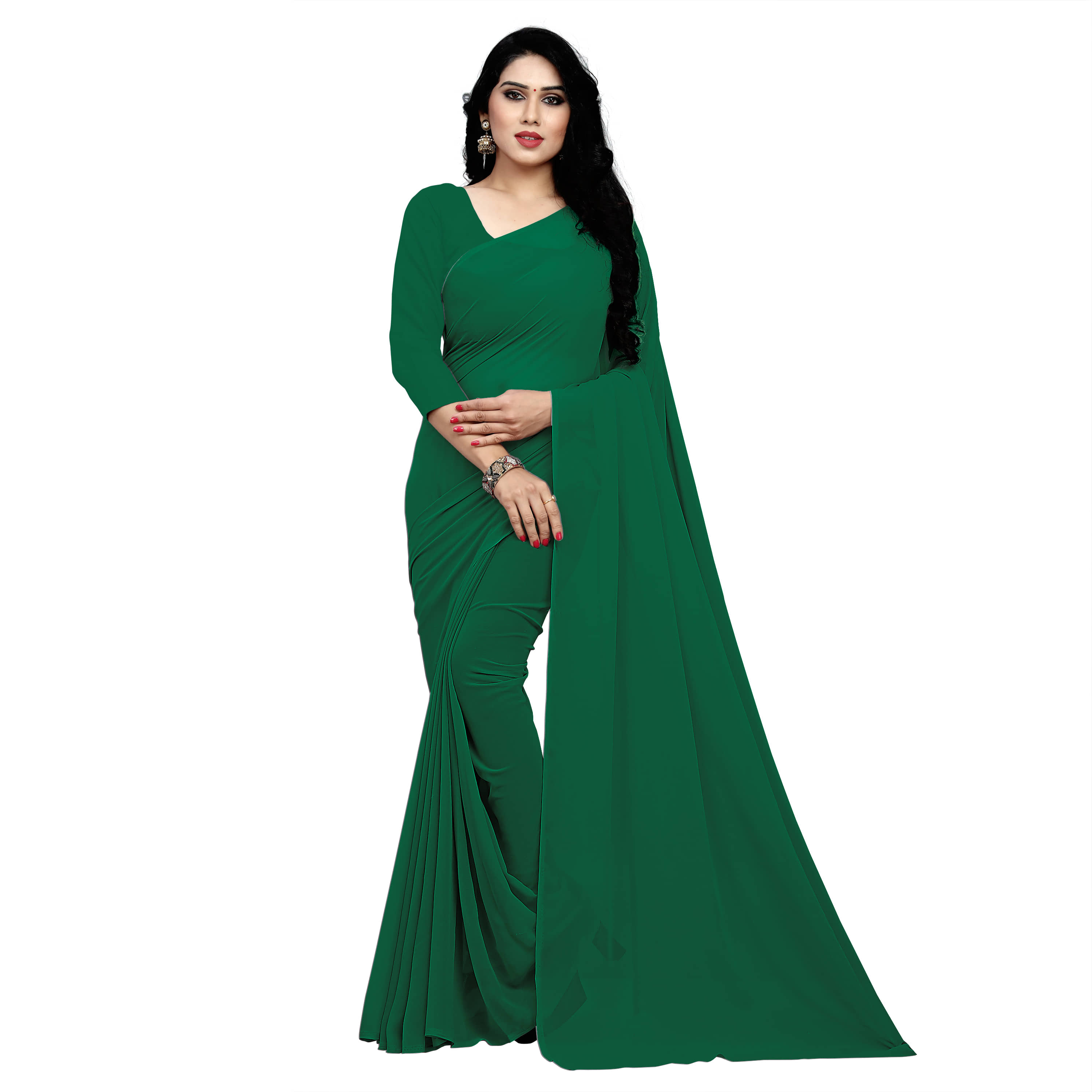 Sidhidata Georgette Solid Saree With Unstitched Blouse Piece ( Green ) - Sarees | Buy online on ZillyBuy