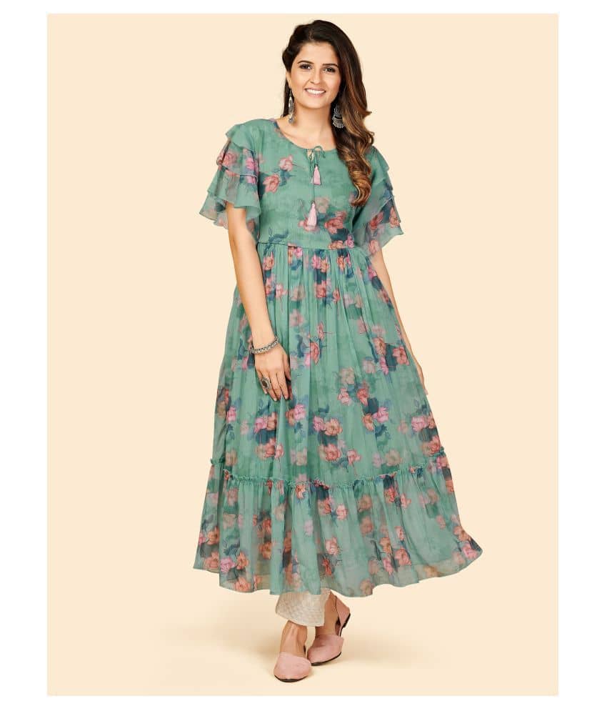 Vbuyz Georgette Printed Anarkali Women's Kurti - Turquoise ( Pack of 1 ) - Kurtis, Tunics | Buy online on ZillyBuy