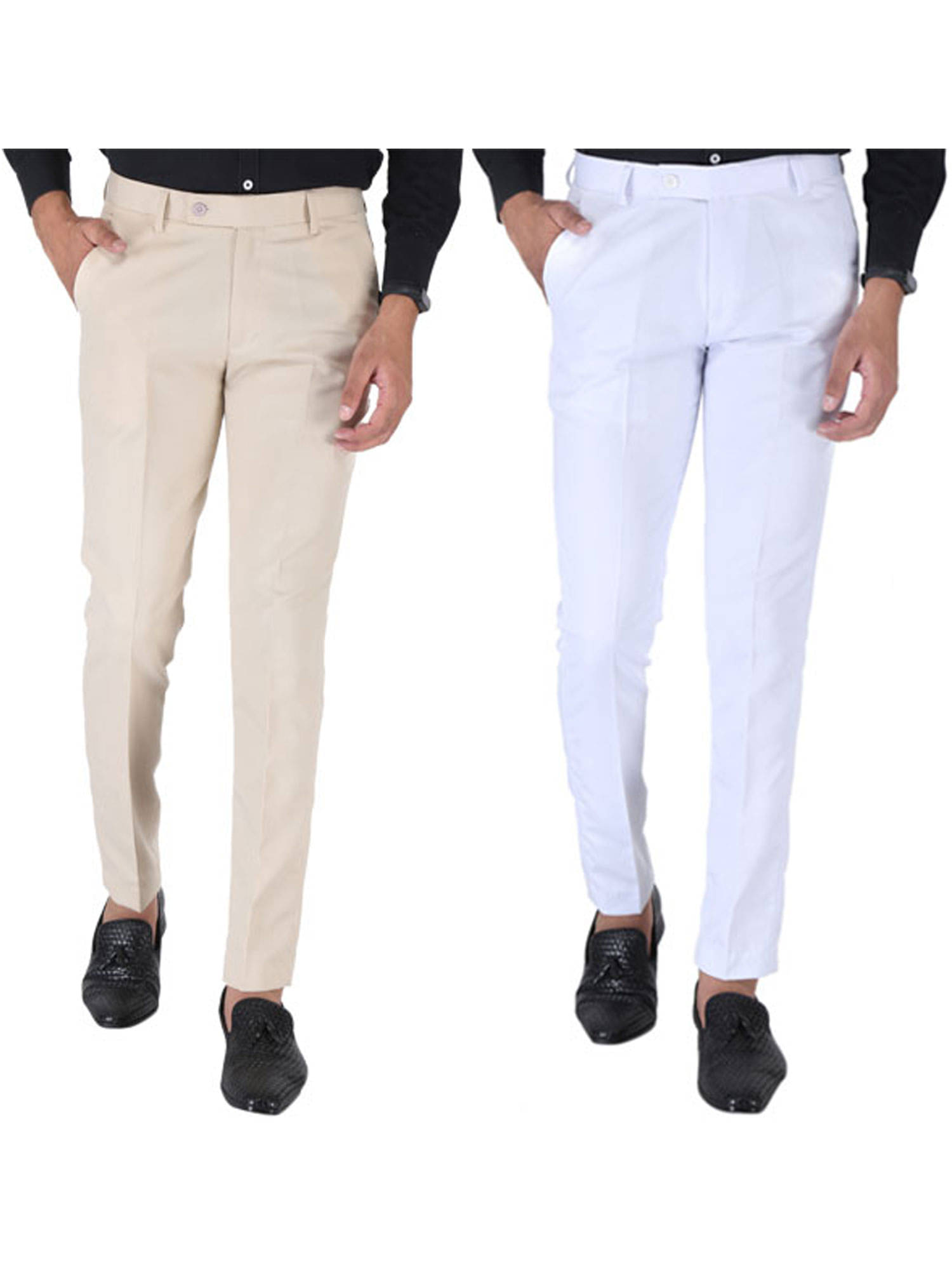     			SREY Cream Slim -Fit Flat Trousers Pack of 2
