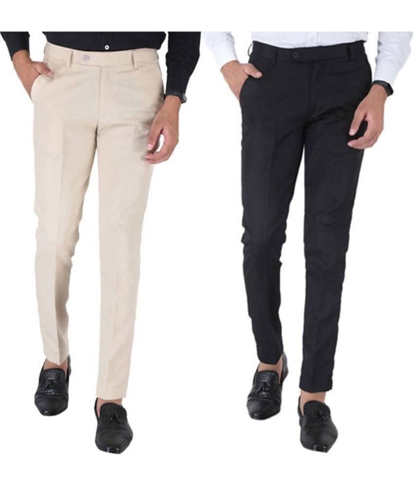     			SREY Cream Slim -Fit Flat Trousers Pack of 2