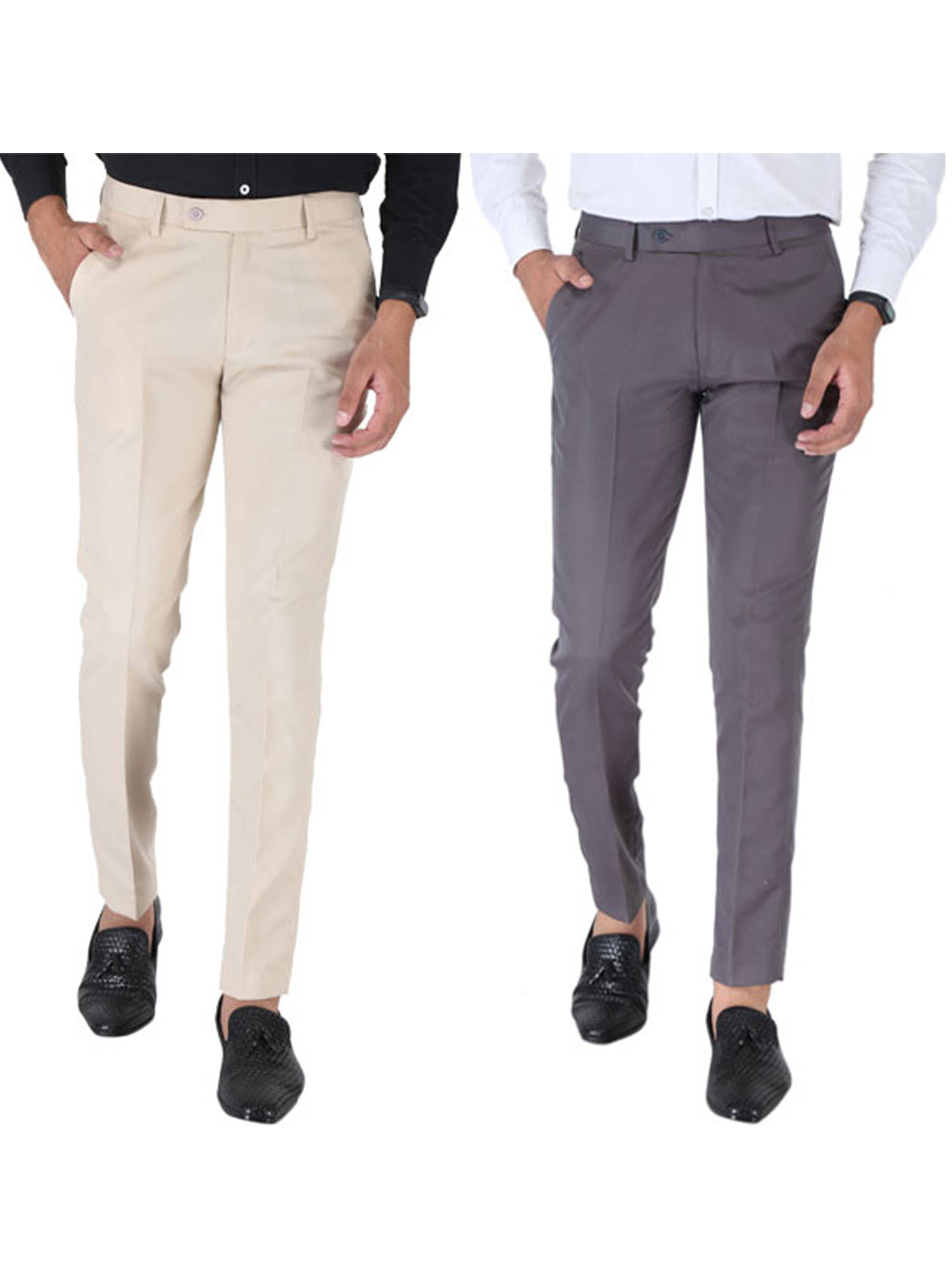     			SREY Cream Slim -Fit Flat Trousers Pack of 2
