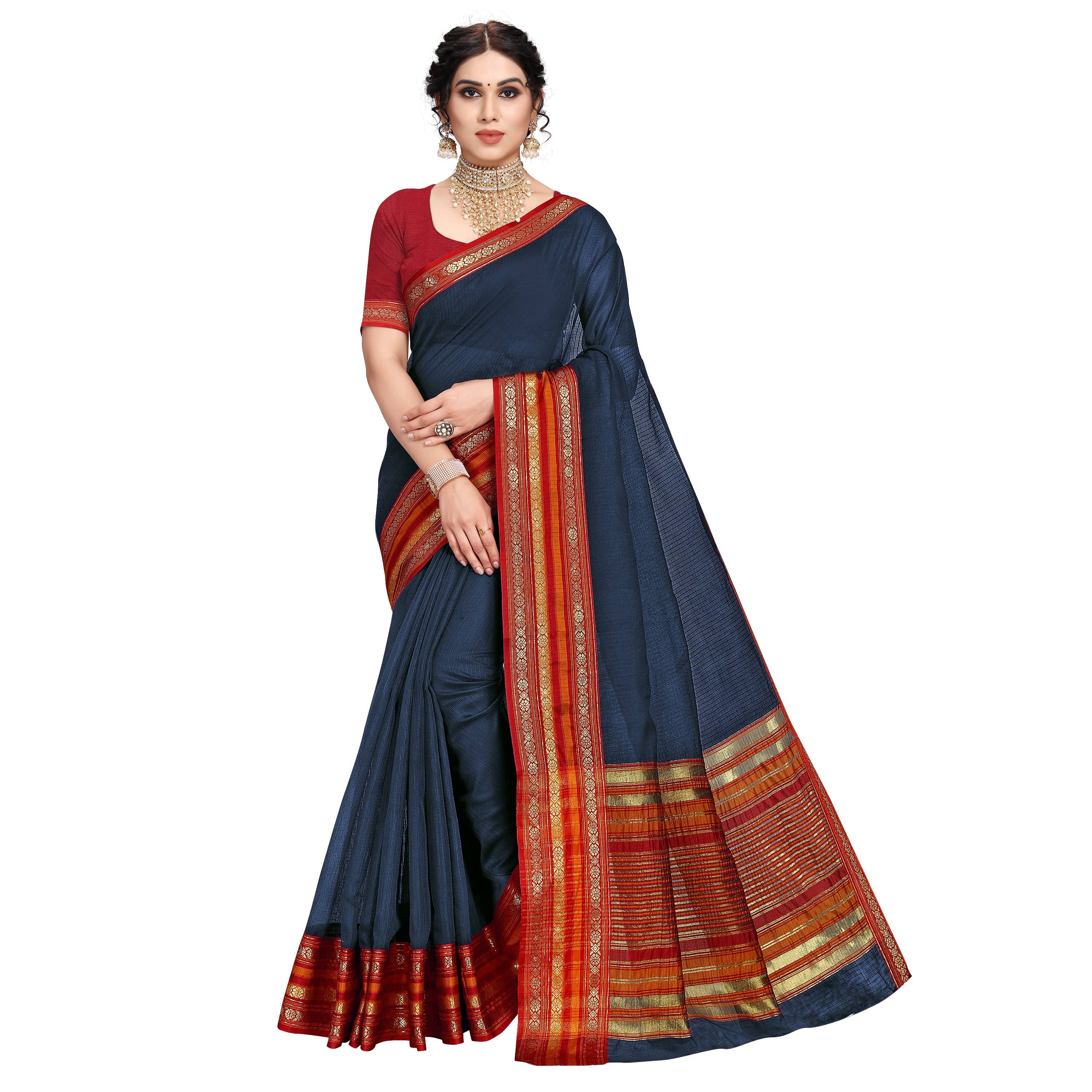 Sidhidata Cotton Silk Saree With Unstitched Blouse Piece ( Blue,Maroon ) - Sarees | Buy online on ZillyBuy
