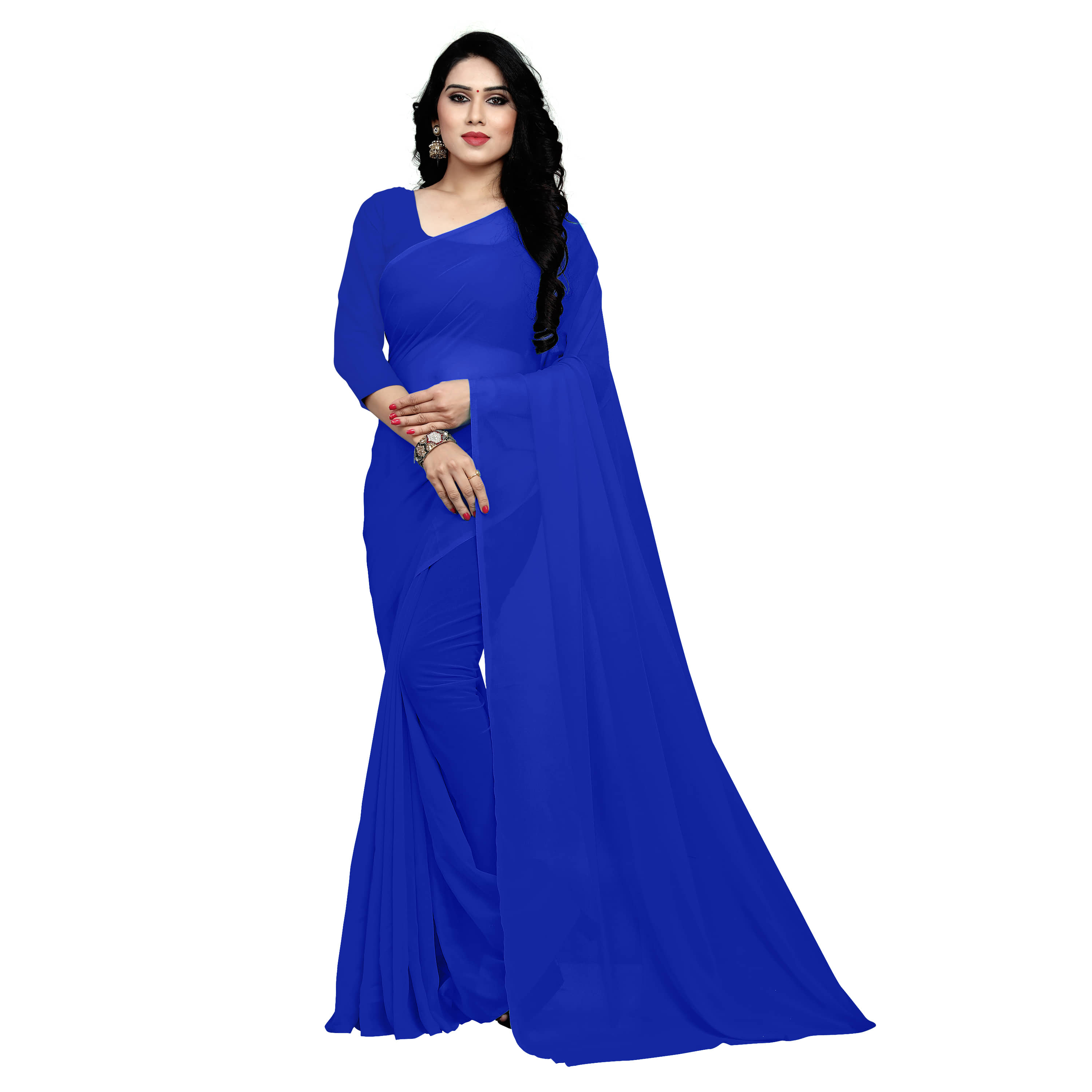 Sidhidata Georgette Solid Saree With Unstitched Blouse Piece ( Blue ) - Sarees | Buy online on ZillyBuy