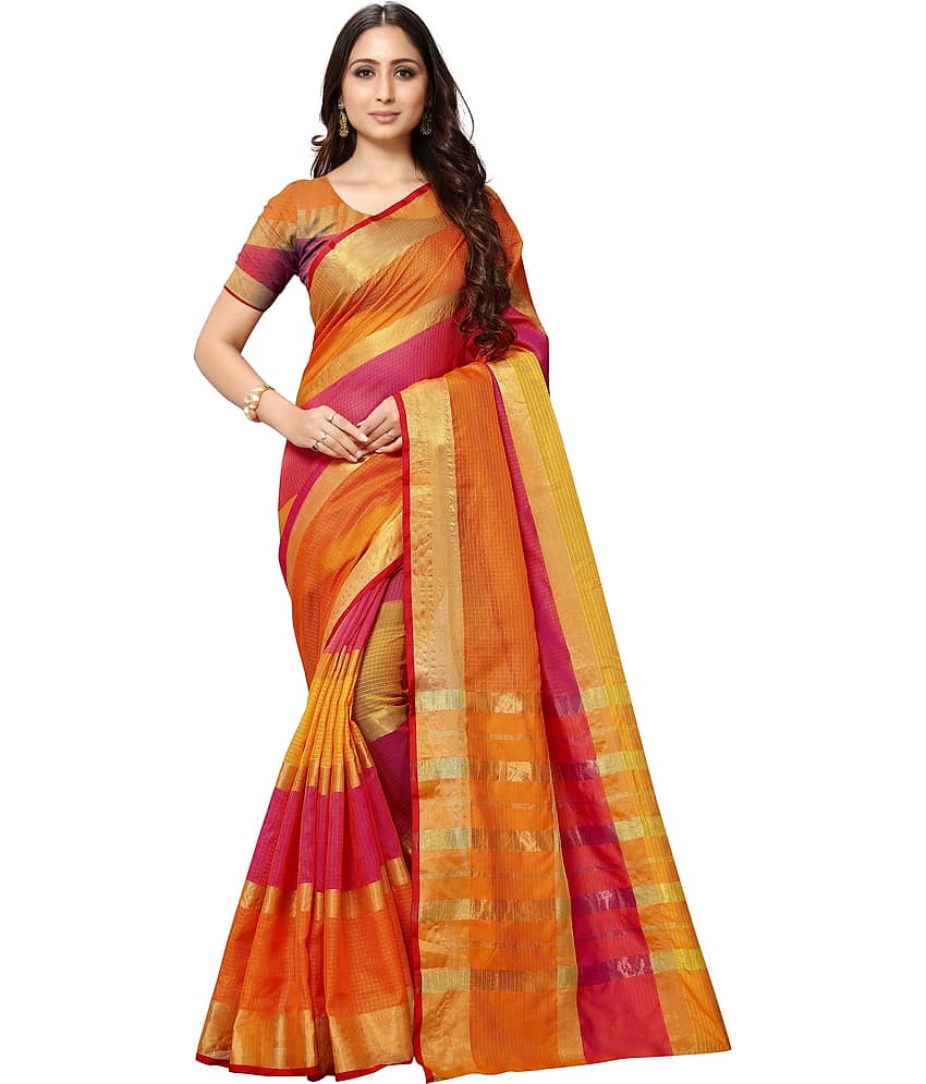 Sidhidata Cotton Self Design Saree With Unstitched Blouse Piece ( Orange )