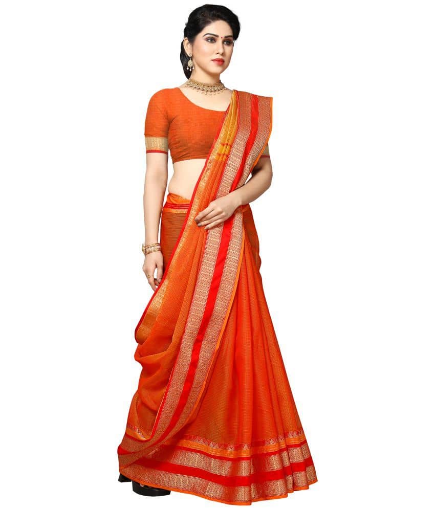 Sidhidata Cotton Silk Self Design Saree With Unstitched Blouse Piece ( Orange ) - Sarees | Buy online on ZillyBuy