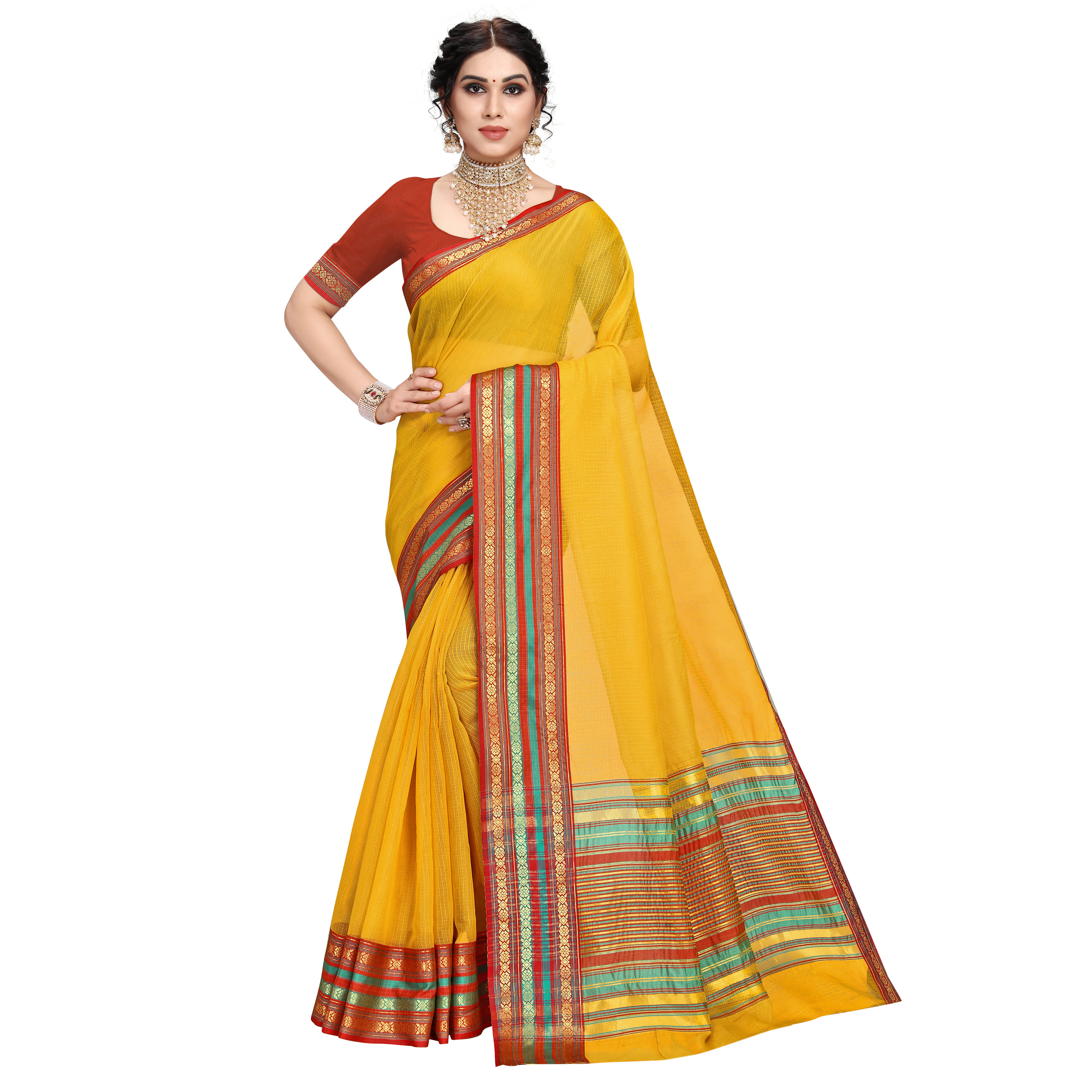 Sidhidata Cotton Silk Self Design Saree With Unstitched Blouse Piece ( Yellow )