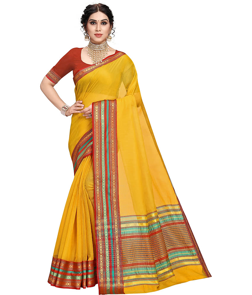 Sidhidata Cotton Silk Self Design Saree With Unstitched Blouse Piece ( Yellow )
