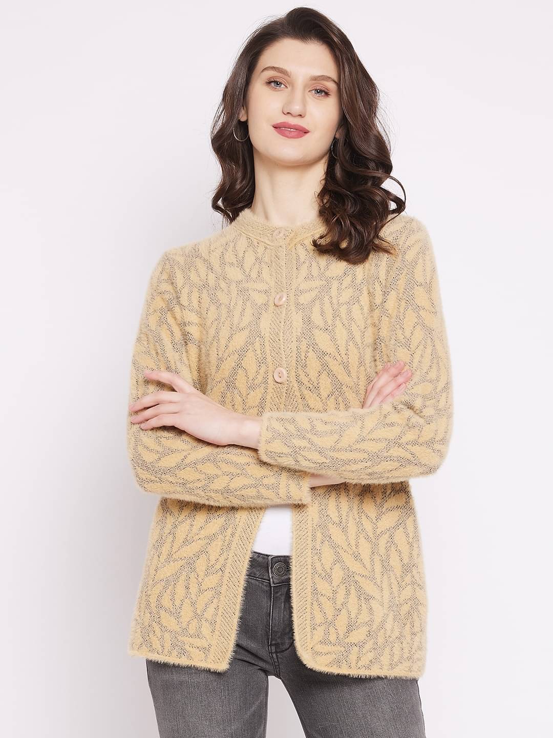 zigo Women Woollen Round Neck Cardigan ( Beige ) zigo Women Woollen Round Neck Cardigan ( Beige )