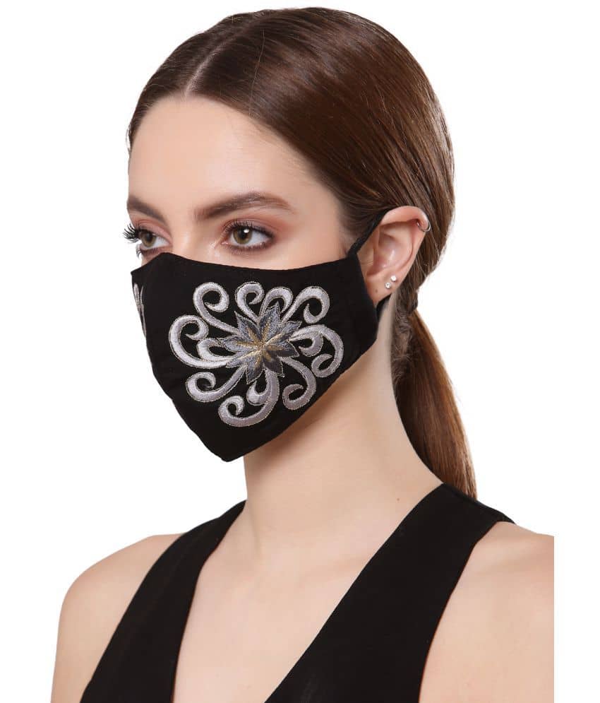 Anekaant Black & Silver Cotton Embroidered Mask