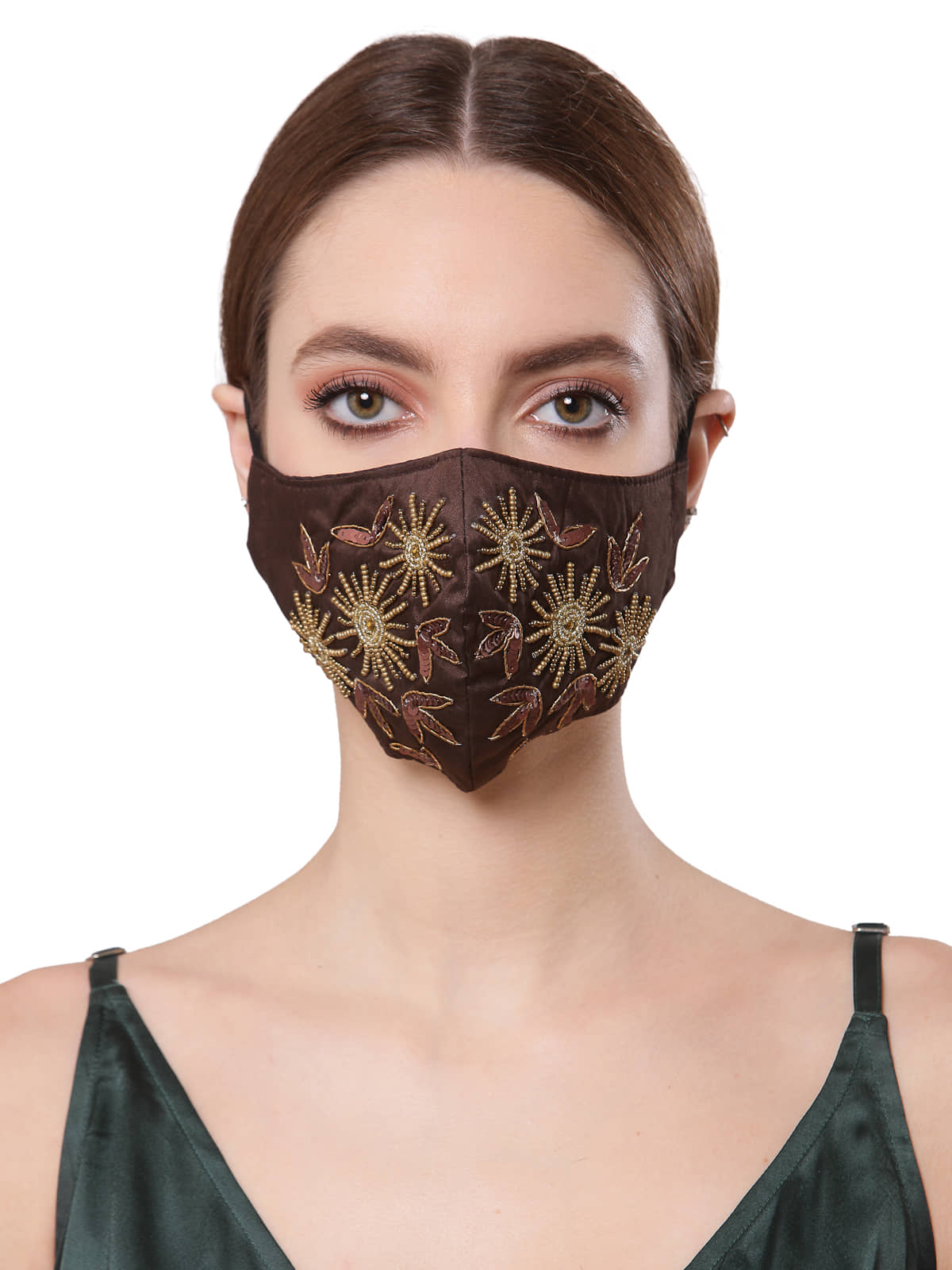 Anekaant Brown & Gold Faux Silk Embellished Mask