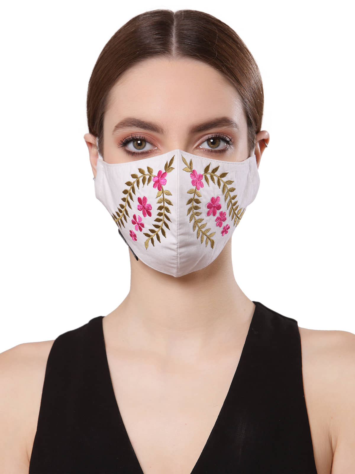 Anekaant White & Pink Cotton Embroidered Mask