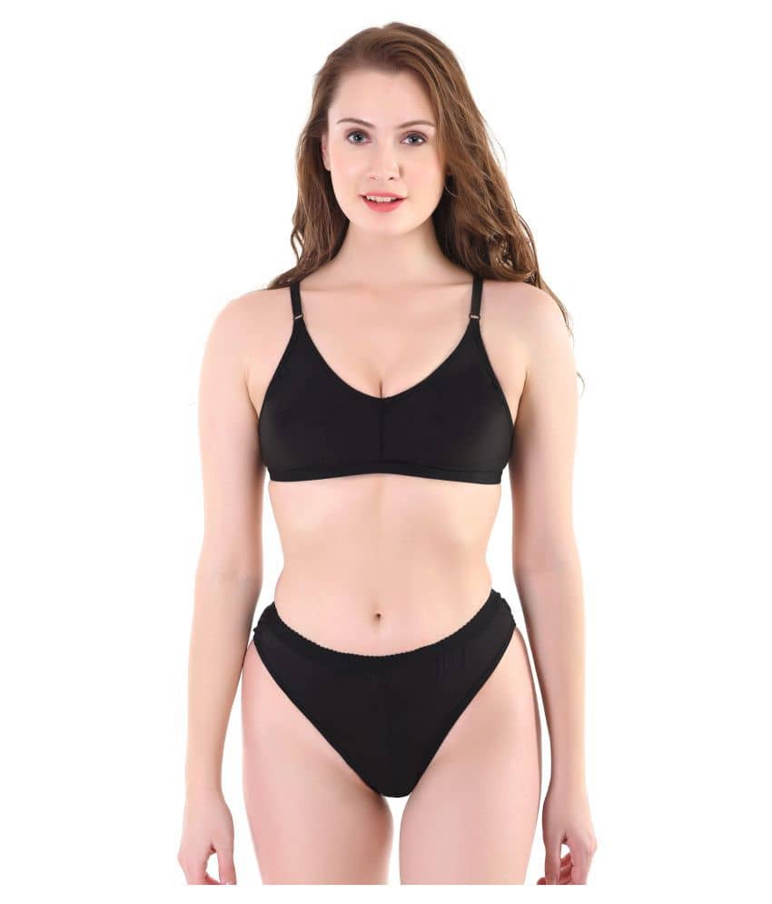 TCG Cotton Lycra Women's Bra & Panty Set ( Black )