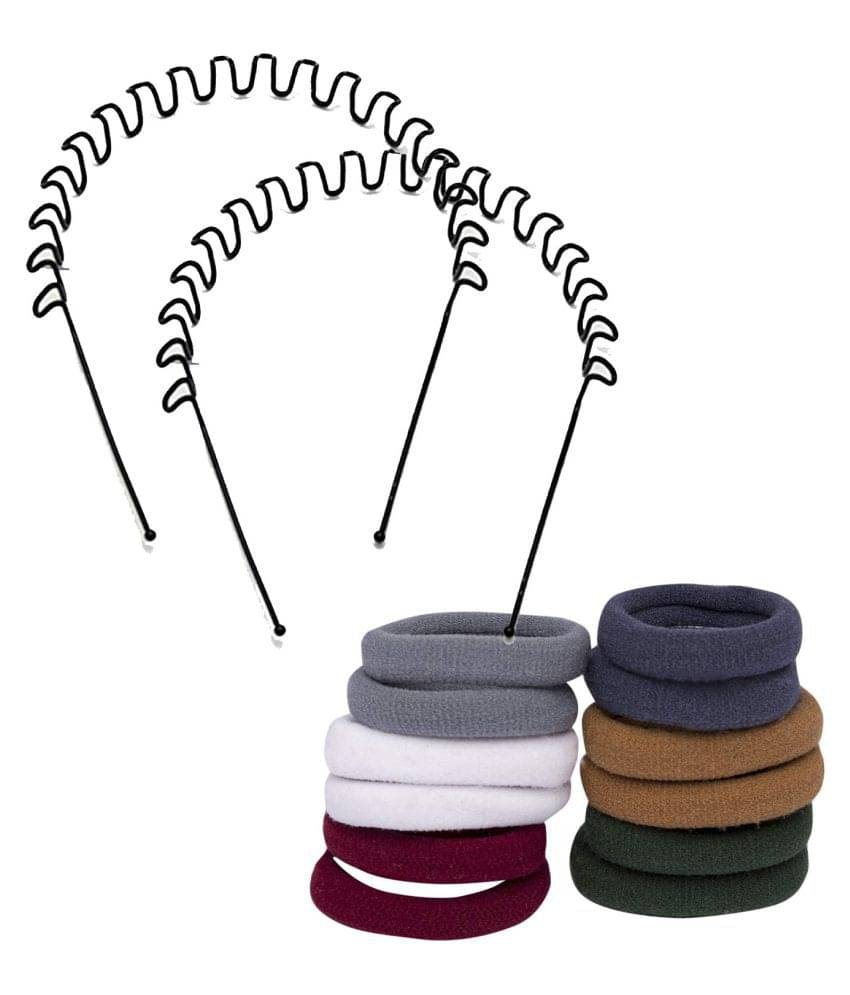     			VSAKSH Multicolor Hair Rubber (Set of 2) With Metal Zig Zag Hair Band (Set of 5)