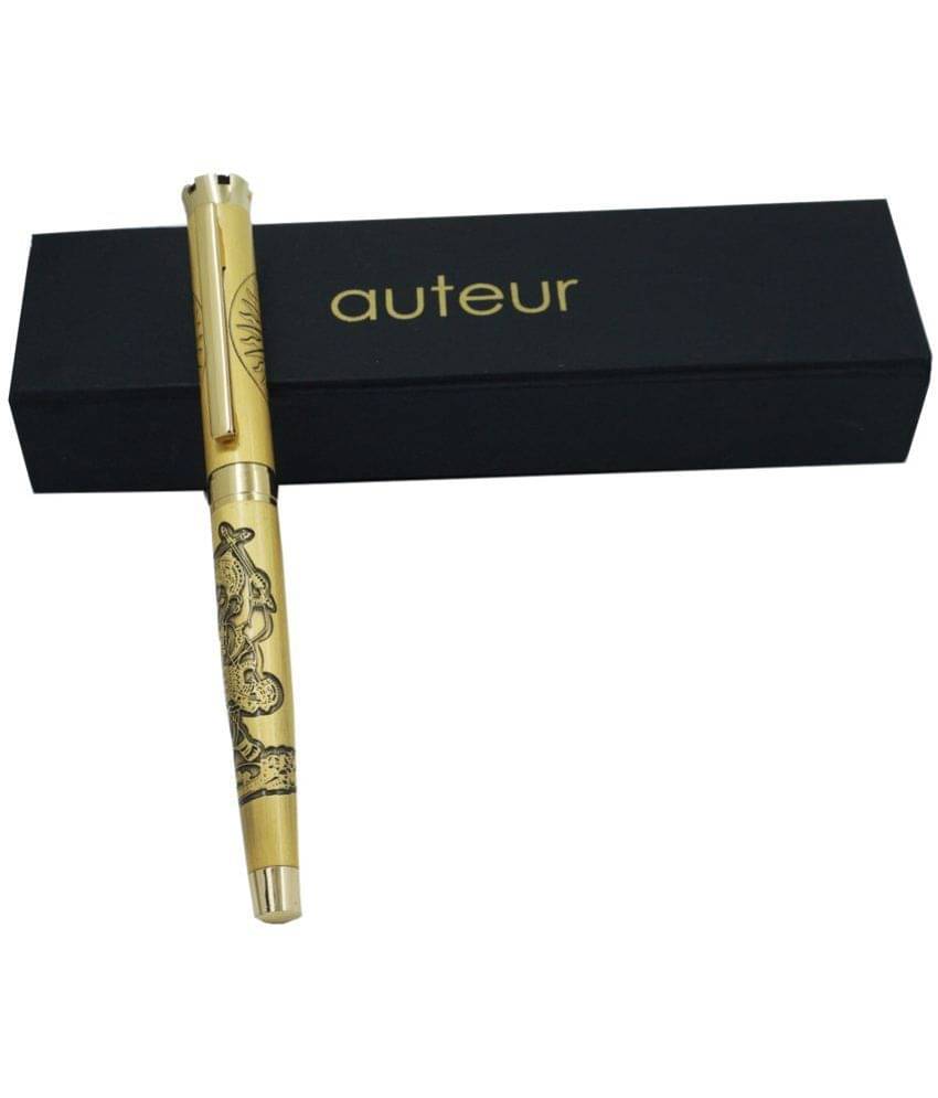     			auteur Crown Golden Color , Ganpati Blessings Beautifully Engraved As Dancing Ganesha Roop Roller Ball Pen With Om Engraved On A Crowned Cap .