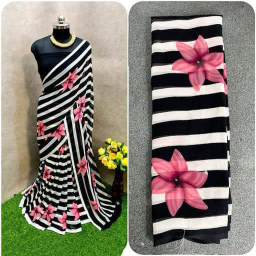Sitanjali Georgette Printed Saree Without Blouse Piece ( Black ) - Sarees | Buy online on ZillyBuy