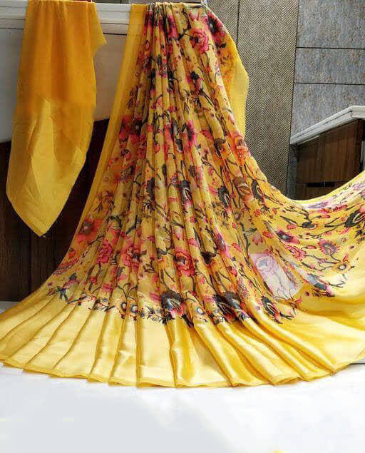 Sitanjali Banarasi Silk Printed Saree Without Blouse Piece ( Yellow ) - Sarees | Buy online on ZillyBuy