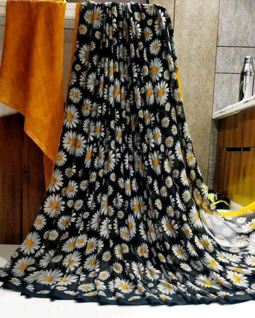 Sitanjali Georgette Printed Saree Without Blouse Piece ( Yellow ) - Sarees | Buy online on ZillyBuy