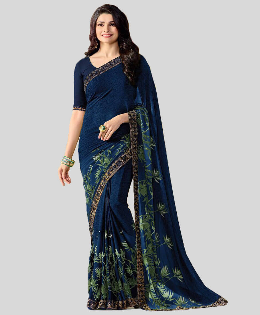 Gazal Fashions Silk Blend Printed Saree With Unstitched Blouse Piece ( Blue ) - Sarees | Buy online on ZillyBuy