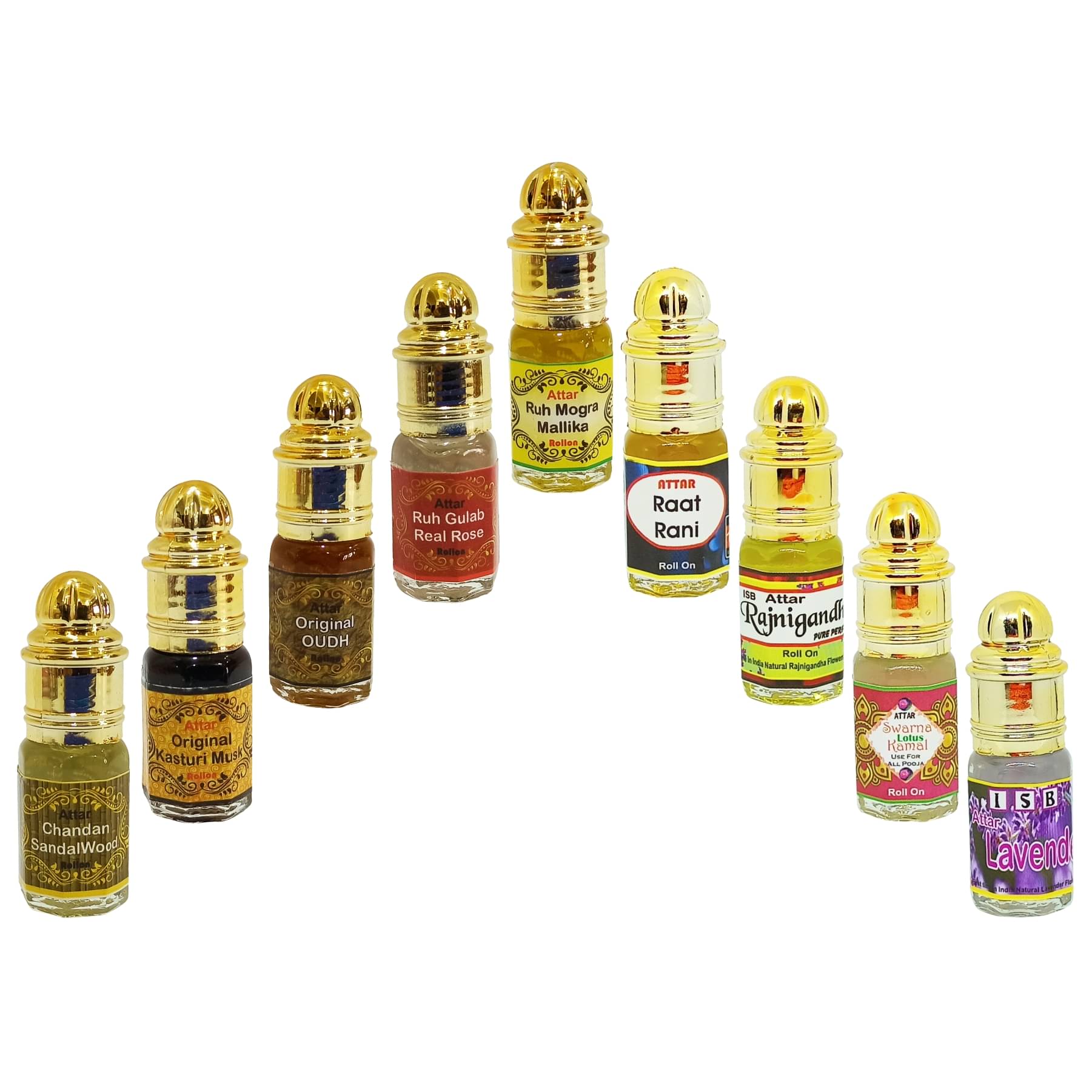INDRA SUGANDH BHANDAR - Navratna Combo Chandan Kasturi Oudh Gulab Mogra Raatrani Rajnigandha Kamal Lavender Attar, 3ml Each Pack Of 9 INDRA SUGANDH BHANDAR - Navratna Combo Chandan Kasturi Oudh Gulab Mogra Raatrani Rajnigandha Kamal Lavender Attar, 3ml Each Pack Of 9