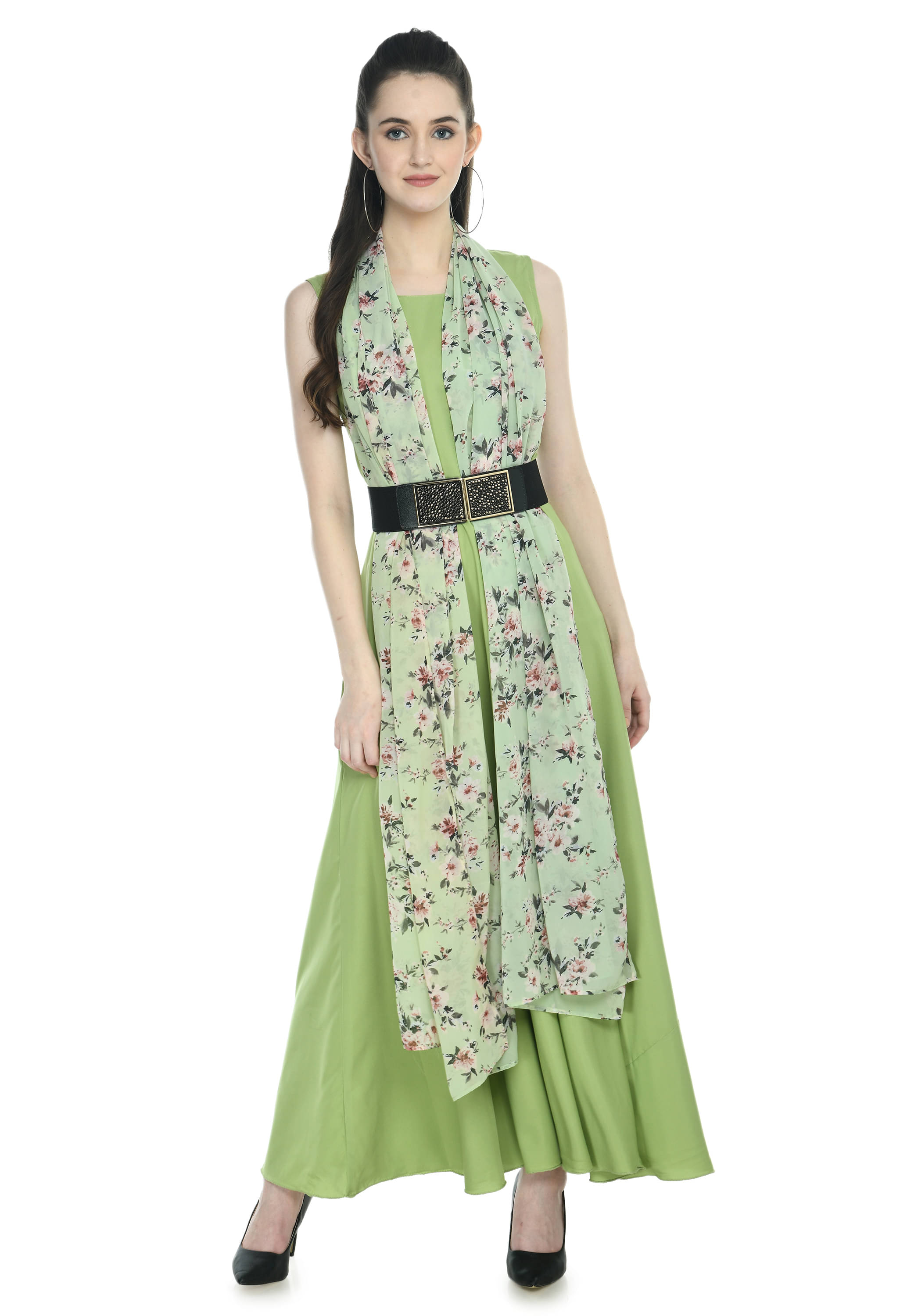 Rudrakriti Women Crepe A-line Dress ( Green ) Rudrakriti Women Crepe A-line Dress ( Green )