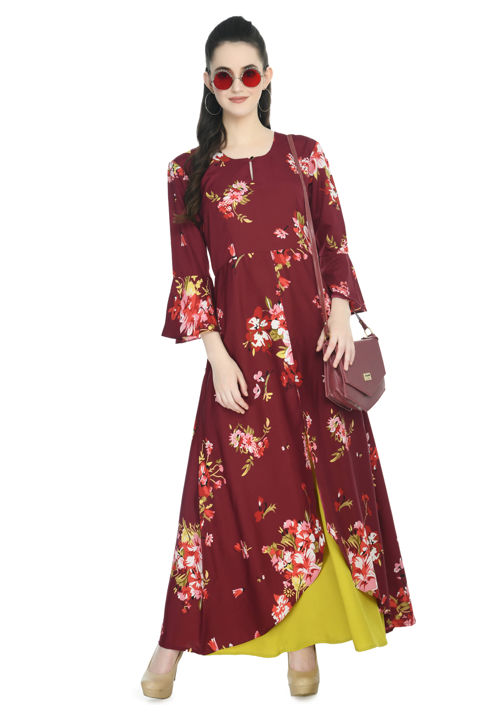 Rudrakriti Women Crepe A-line Dress ( Maroon ) Rudrakriti Women Crepe A-line Dress ( Maroon )