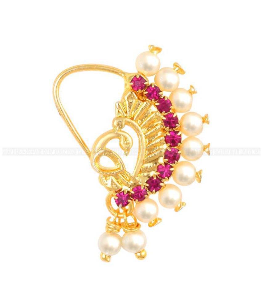 Vighnaharta Gold Plated Mayur Design Red Stone with Pearls and AD Stone Alloy Maharashtrian Nath Nathiya./ Nose Pin for women VFJ1018NTH-TAR Vighnaharta Gold Plated Mayur Design Red Stone with Pearls and AD Stone Alloy Maharashtrian Nath Nathiya./ Nose Pin for women VFJ1018NTH-TAR
