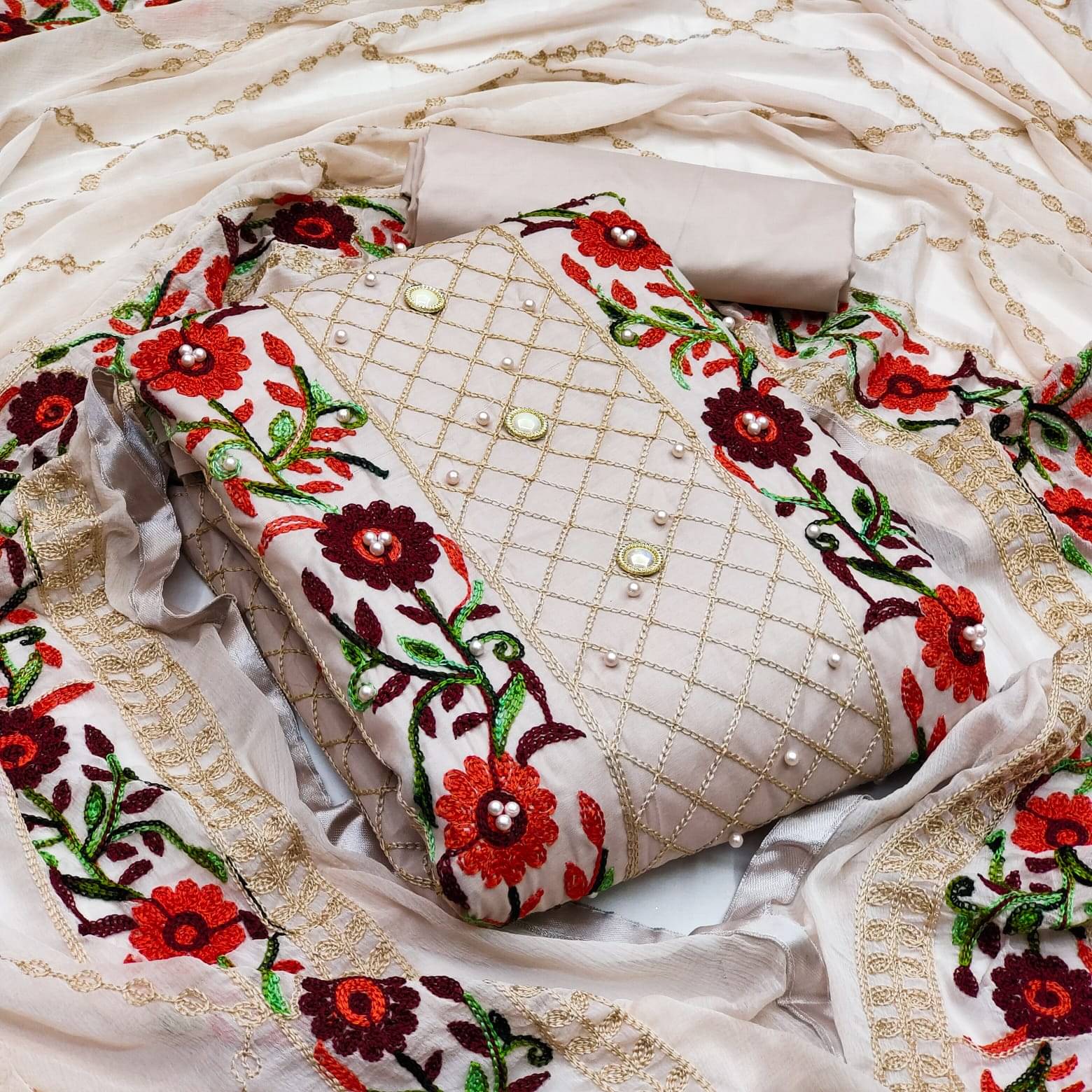     			Gazal Fashions - Beige Cotton Blend Dress Material ( Pack of 1 )