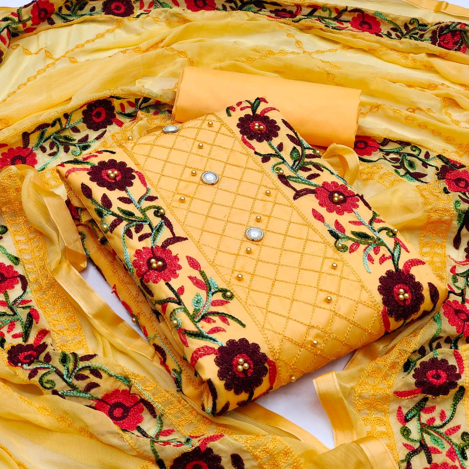 Gazal Fashions Yellow Cotton Unstitched Dress Material - Unstitched Fabrics | Buy online on ZillyBuy