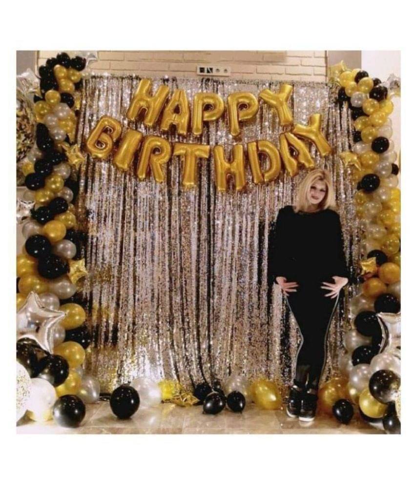     			Pixelfox Happy Birthday Golden Foil(16 inch) + 2 Pcs Silver Fringe Curtain(3 X 6 Feet) + 30 pcs Metallic Balloons (Black,Gold,Silver)(12 Inch)