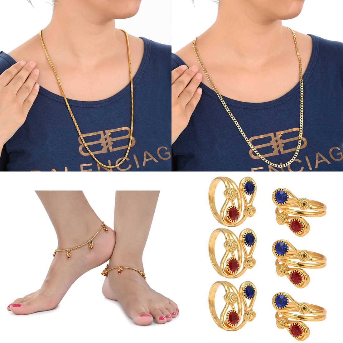 AanyaCentric Gold Plated 1 Pair Anklet 3 Pair Toe Rings 2nos 28inches Long Chains Combo AanyaCentric Gold Plated 1 Pair Anklet 3 Pair Toe Rings 2nos 28inches Long Chains Combo