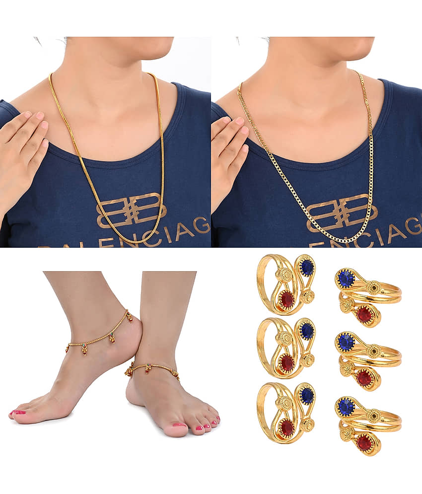 AanyaCentric Gold Plated 1 Pair Anklet 3 Pair Toe Rings 2nos 28inches Long Chains Combo - Anklets | Buy online on ZillyBuy