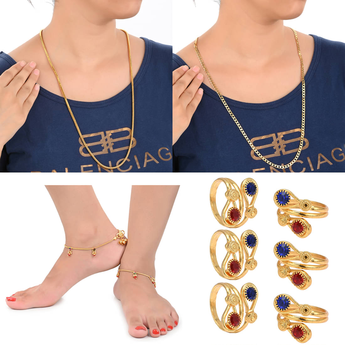 AanyaCentric Gold Plated 1 Pair Anklet 3 Pair Toe Rings 2nos 28inches Long Chains Combo AanyaCentric Gold Plated 1 Pair Anklet 3 Pair Toe Rings 2nos 28inches Long Chains Combo