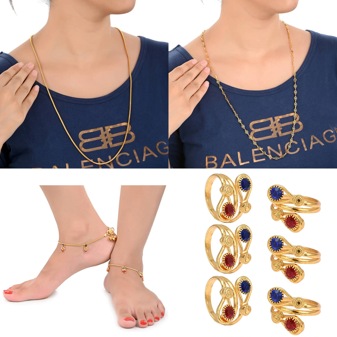 AanyaCentric Gold Plated 1 Pair Anklet 3 Pair Toe Rings 2nos 28inches Long Chains Combo AanyaCentric Gold Plated 1 Pair Anklet 3 Pair Toe Rings 2nos 28inches Long Chains Combo