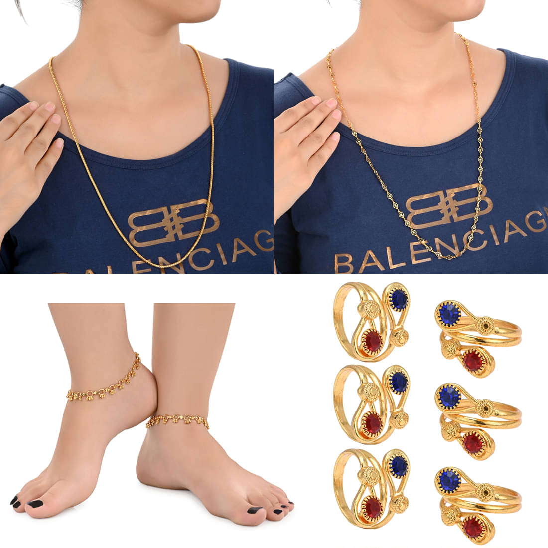 AanyaCentric Gold Plated 1 Pair Anklet 3 Pair Toe Rings 2nos 28inches Long Chains Combo AanyaCentric Gold Plated 1 Pair Anklet 3 Pair Toe Rings 2nos 28inches Long Chains Combo