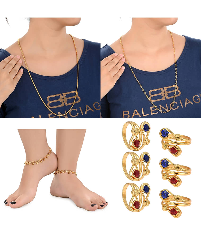 AanyaCentric Gold Plated 1 Pair Anklet 3 Pair Toe Rings 2nos 28inches Long Chains Combo - Anklets | Buy online on ZillyBuy