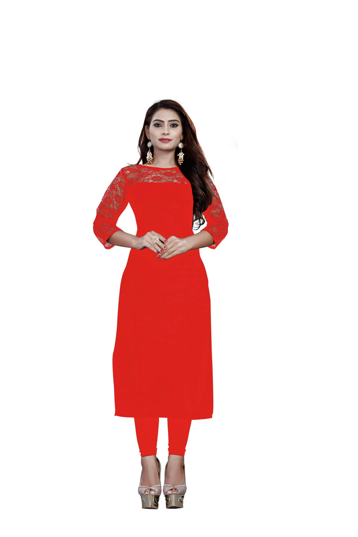     			BHAGYASHRAY Red Crepe Straight Kurti - Single