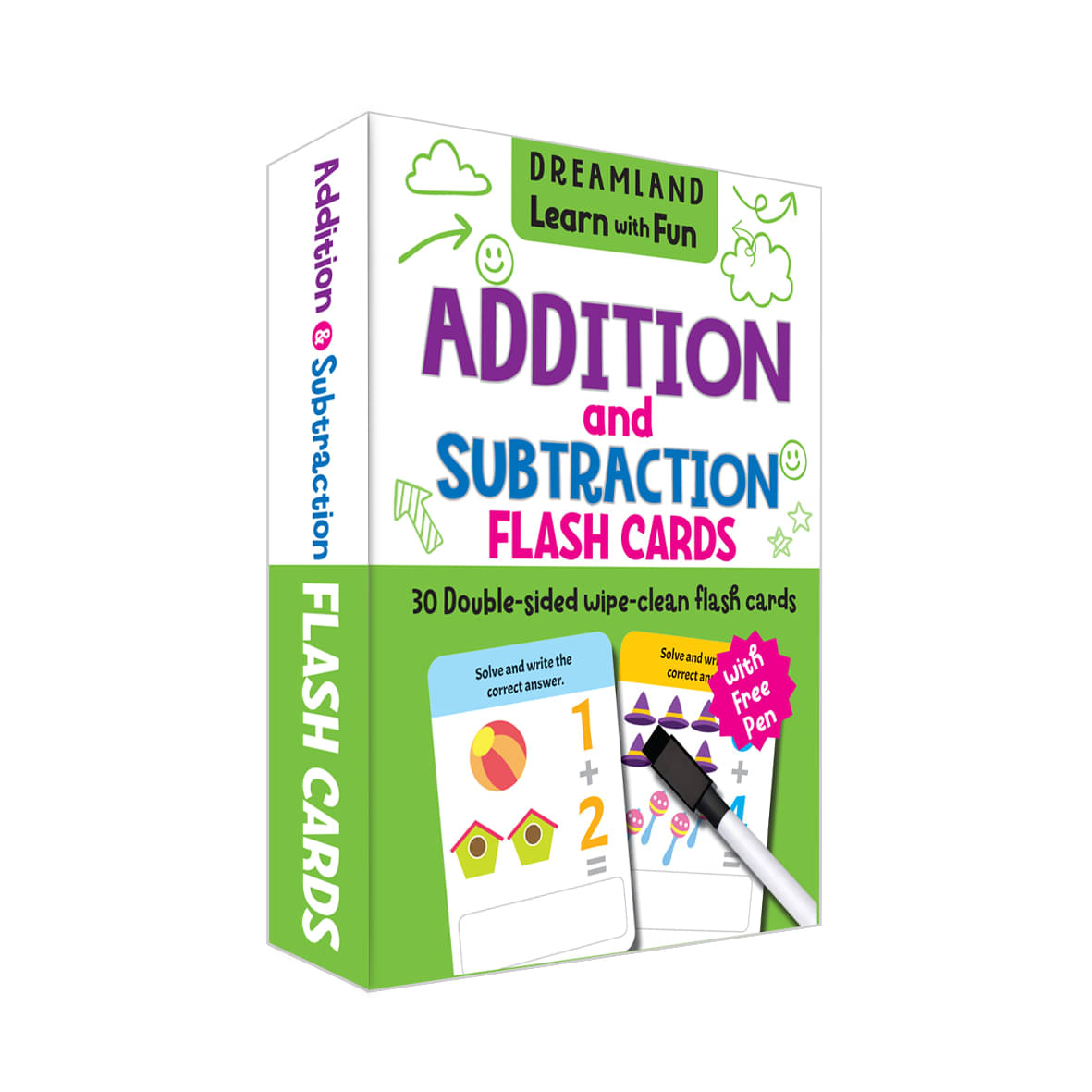     			Flash Cards Addition and Subtraction  - 30 Double Sided Wipe Clean Flash Cards for Kids (With Free Pen) - Early Learning