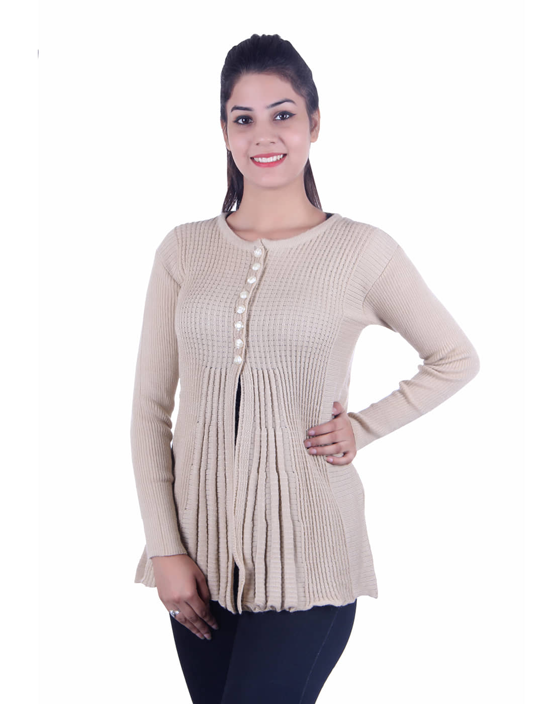 Ogarti Acrylic Beige Buttoned Cardigans - Single