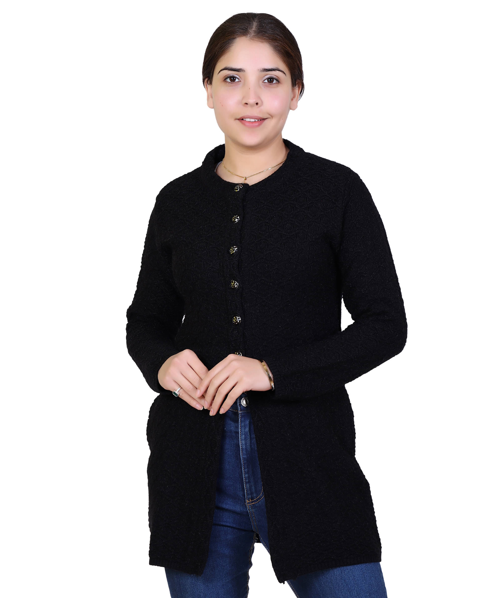     			Ogarti Women Acrylic Round Neck Cardigan ( Black )