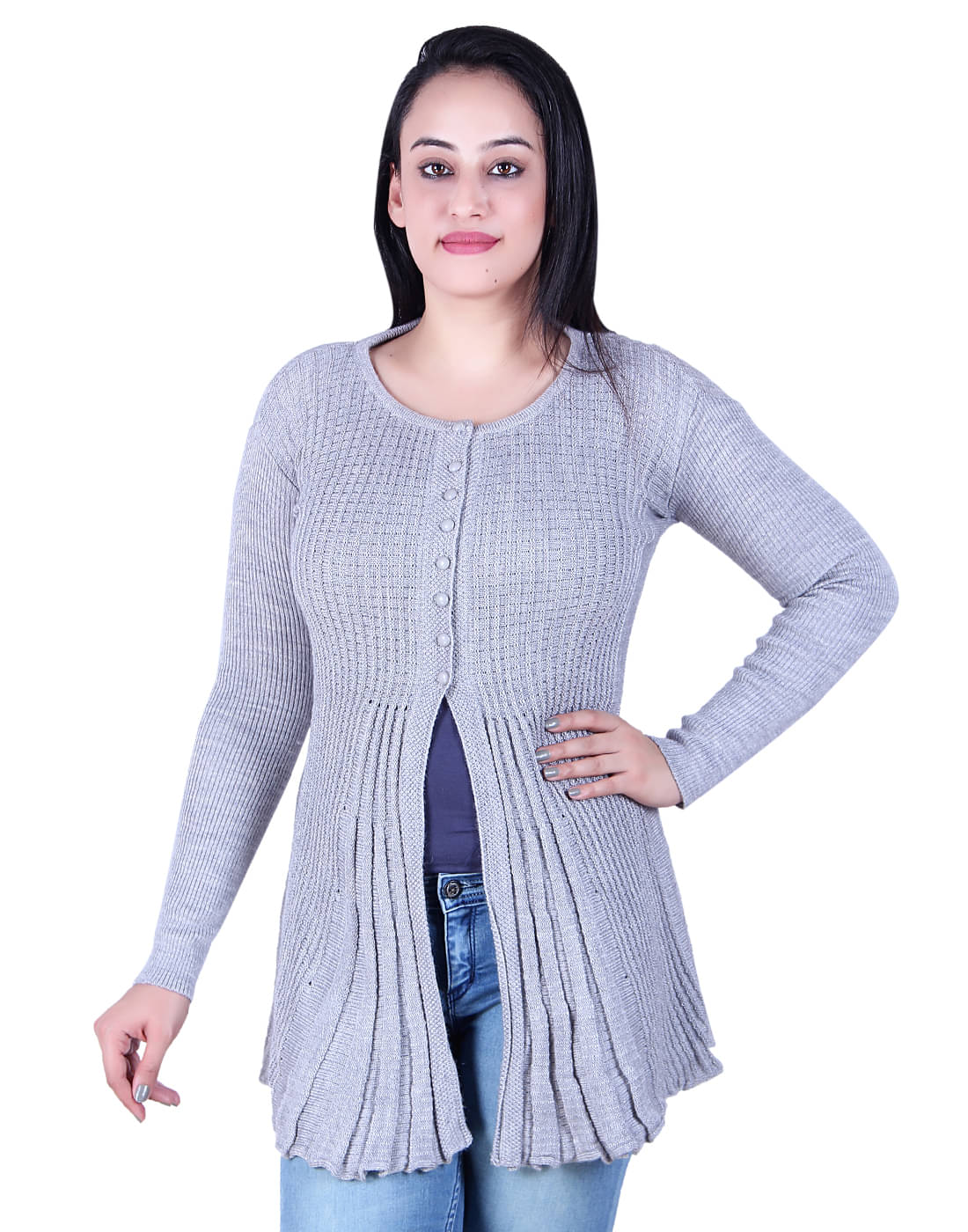     			Ogarti Acrylic Grey Buttoned Cardigans - Single