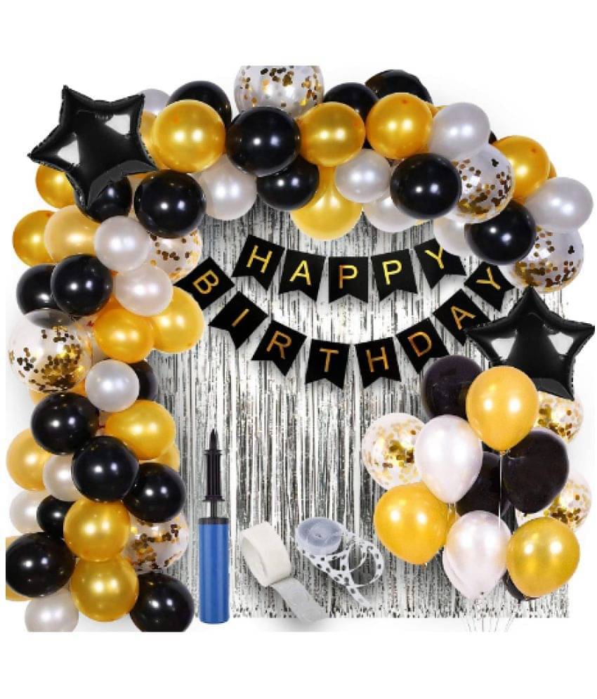     			Blooms Event Black,white + Golden Happy Birthday  Banner +Latex Party Balloons combo