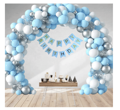     			Blooms Event Happy Birthday Kit - Metallic silver, White & Pastel Blue Balloons – 125 pcs